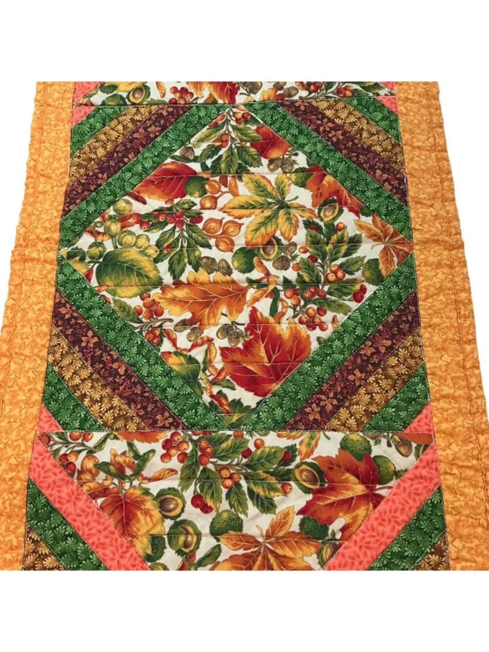 Fall Leaf Quilted Table Runner With Autumn Colors & Geometric Design - Handmade